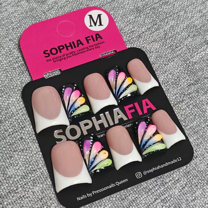 Colorful Rainbow Fan Press On Nails, Nude Base White French Nails, Black Background Hand Drawn Feather Art, Handmade Custom False Nails