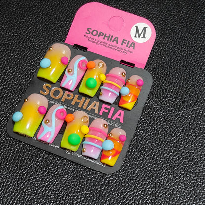 press on nails, handmade press on nails, summer nails, candy nails, kawaii nails, y2k nails, 3d ball nails, colorful nails, medium square nails, gradient nails, abstract line nails, reusable false nails, nail art, fake nails