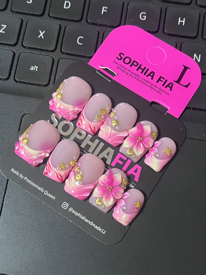 Press On Nails Short Square Korean Spring Soft Girl Style - Lavender Pink Gradient Base, Hand Sculpted Ruffle Skirt French Tip, 3D Pink Ombre Flower, Gold Leaf Flakes & Tiny Pearl Rhinestone Accent Acrylic Nail Tips