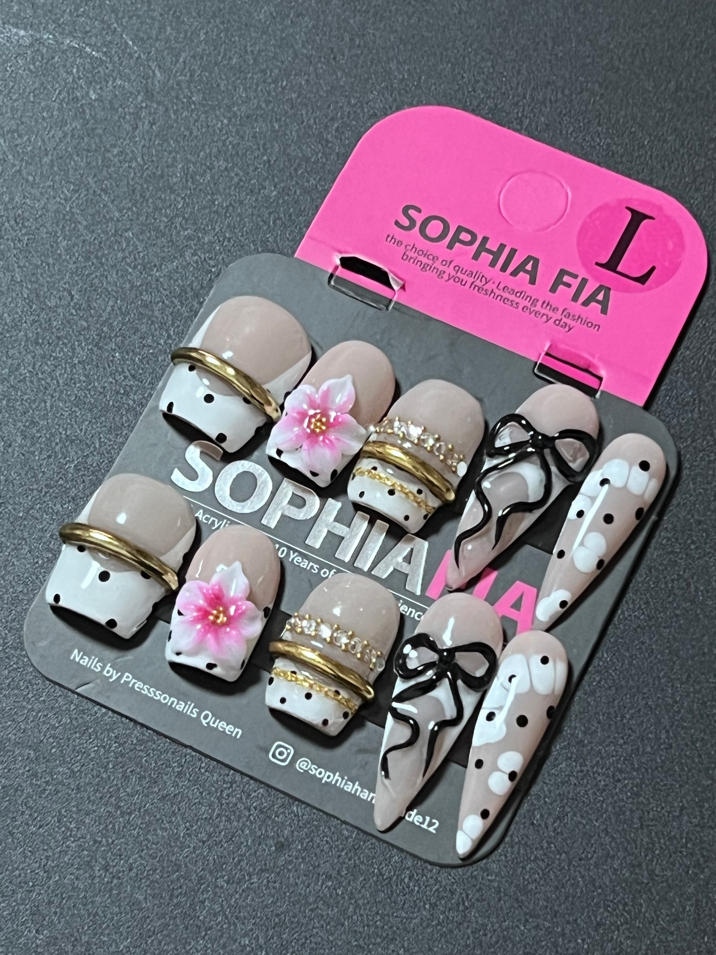 Press On Nails Long Stiletto Y2K Sweet Girl Style - Nude Base Black White Polka Dot French Tip, 3D Pink Cherry Blossom Flower, Black Bow, Gold Band & Rhinestone Chain Accent Acrylic Nail Tips