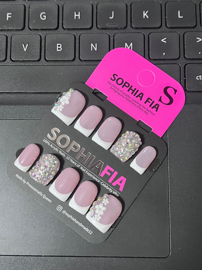 Press On Nails Short Square Korean Sweet Elegant Style - Sheer Lavender Nude Base Classic White French Tip, Iridescent Chunky Glitter Diamond Inlay & 3D Mini White Flower Rhinestone Accent Acrylic Nail Tips