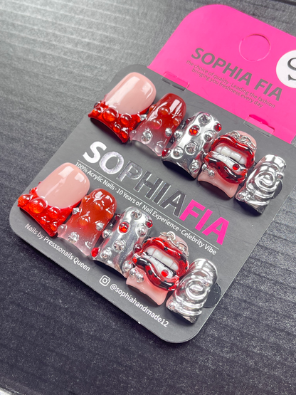 Medium Square Press On Nails Gothic Blood Red Drip 3D Bead Texture, Silver Metal Rivet Studs, Horror Grinning Mouth 3D Charms Y2K Punk Handmade False Nails