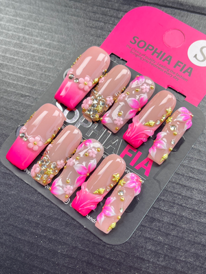 Vibrant Hot Pink Ombre French Coffin Press On Nails Transparent Nude Base 3D Flower & Leaf Sculpture Bling Crystal Diamond Gold Decoration Reusable Acrylic Nails