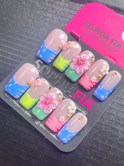 Long Square Press On Nails Nude Base Neon Multicolor Splash French Tip, 3D Sculpted Pink & White Flowers, Gold Bead Rhinestone Shell Charms Y2K Dopamine Summer Handmade False Nails