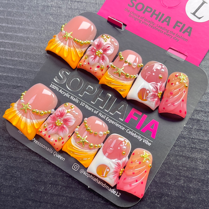 Short Square Press On Nails Peach Pink Base Orange Ruffled French Tip, 3D Hand‑Painted Pink Flower, Gold Starfish Metal Charms Gold Bead Chain Pearl Water Drop Accents Summer Tropical Handmade False Nails