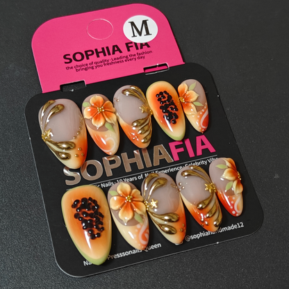 Fruity Tropical Almond Press On Nails Milky Nude Background Orange‑Peach Ombre French 3D Orange Floral Green Leaf Realistic Papaya Slice Gold Fluid Metal Swirl Gold Star Stud Reusable Acrylic Nail Tips