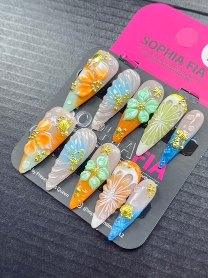 Tropical Island Summer Press On Nails Long Pointed Stiletto Shape Orange Blue Ombre Gradient 3D Flower Shell Pearl Gold Decor Reusable Luxury Acrylic Nails