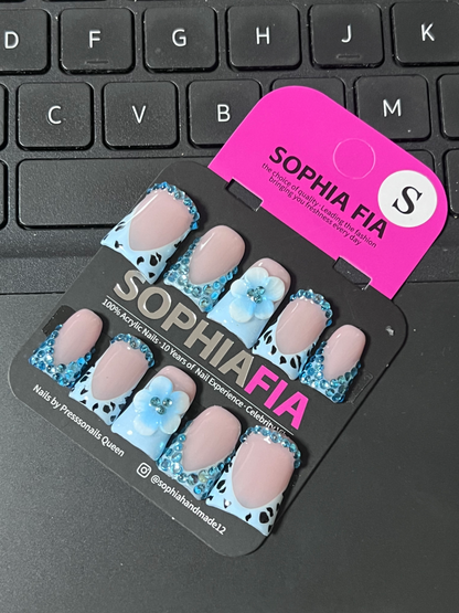 Medium Square Press On Nails Nude Baby Blue Cow Print French Tip, 3D Gradient Blue Flower, Full Blue Rhinestone Border Y2K Sweet Handmade False Nails