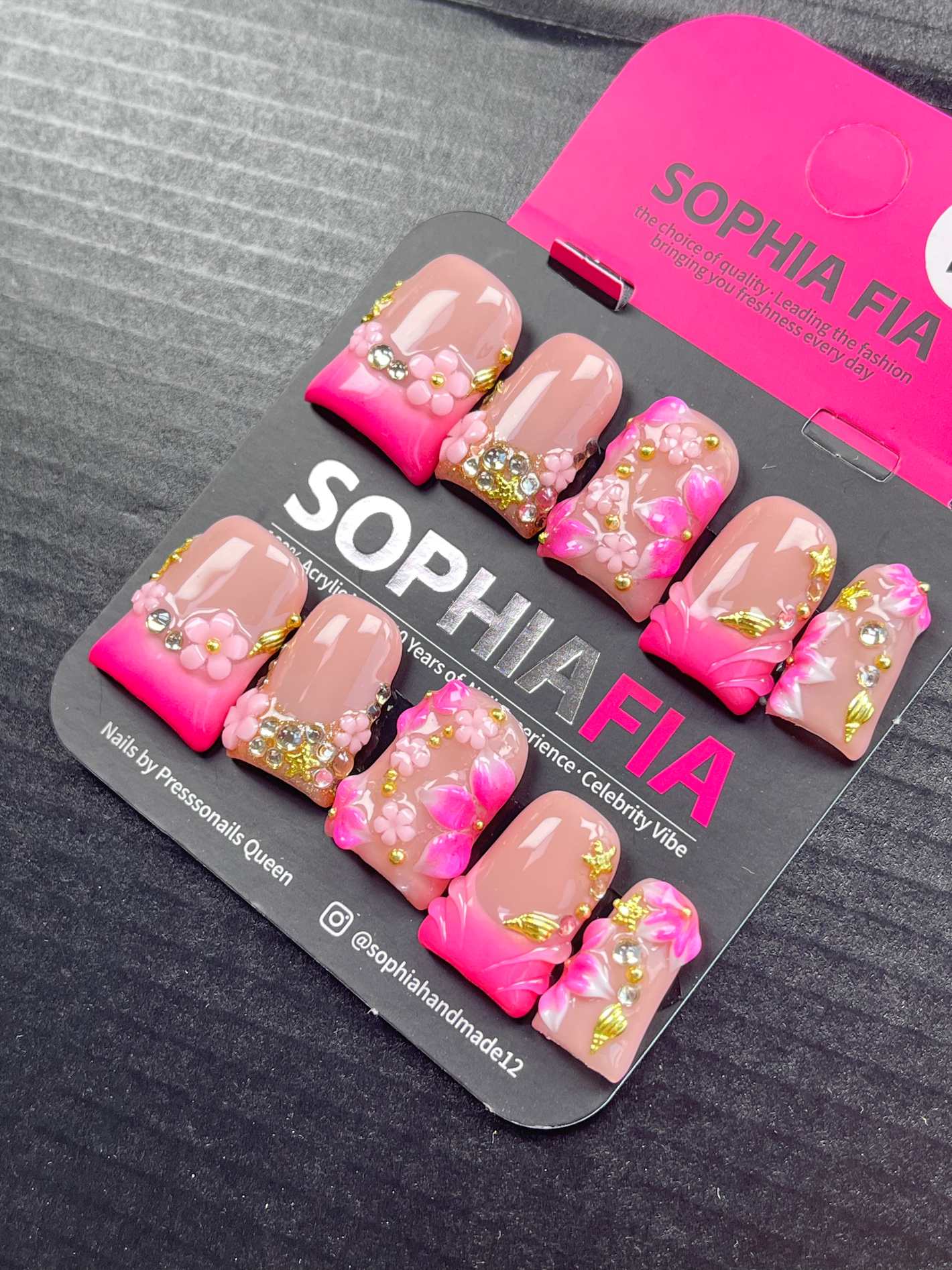 Medium Square Press On Nails Hot Pink Ombre French Tip, 3D Pink Cherry Blossom Flower Petals, Gold Leaf Rhinestone Crystal Charms Korean Elegant Bridal Handmade False Nails