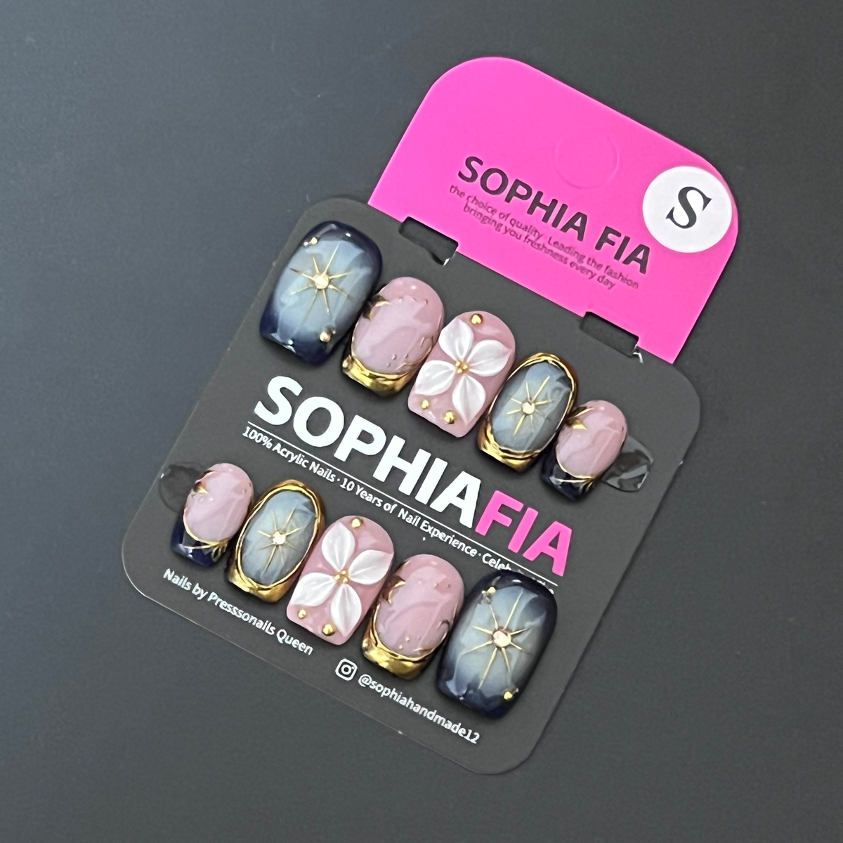Medium Square Press On Nails Nude Pink Base Dark‑Blue‑Grey Smoky Ombre, 3D White Flower Relief, Gold Starburst Metal Art, Thick Gold Foil Frame Vintage Aesthetic Handmade False Nails