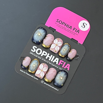 Medium Square Press On Nails Nude Pink Base Dark‑Blue‑Grey Smoky Ombre, 3D White Flower Relief, Gold Starburst Metal Art, Thick Gold Foil Frame Vintage Aesthetic Handmade False Nails