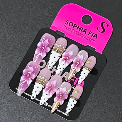 Stiletto Press On Nails Lavender Purple Gradient Base, 3D Sculpted Purple‑Pink Flowers, Black Polka Dot White French Tip, Gold Star Multi‑Layer Gold Bead Chain Charms Retro Sweet‑Cool Handmade False Nails