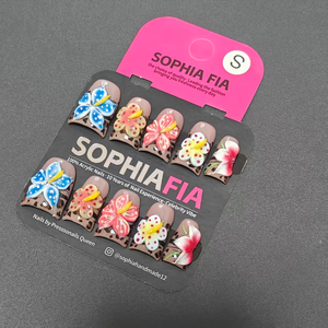 Short Square Press On Nails Nude Base Brown Leopard Print French Tip, 3D Hand‑Painted Large Tropical Flowers in Blue Pink Yellow White Red, Yellow Stamen Polka Dot Petals Vintage Hawaiian Handmade False Nails