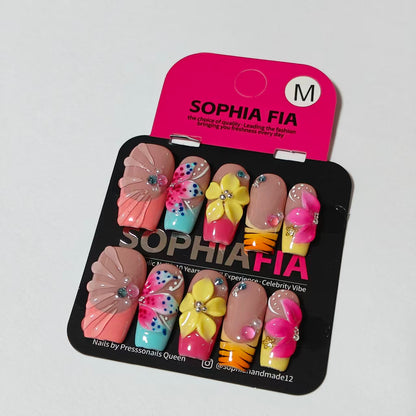 Tropical 3D Flower Butterfly Press On Nails, Colorful Gradient Handmade Medium Square False Nails, Summer Nail Art