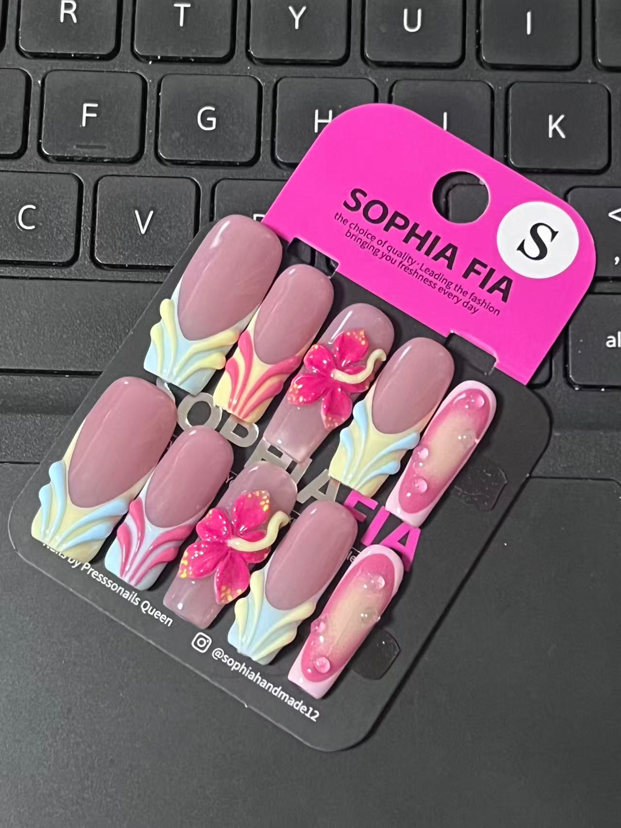 Press On Nails Long Square Korean Spring Cottagecore Style - Sheer Nude Base 3D Ruffle Skirt French Tip, Pastel Macaron Color Mix, Hand Sculpted Pink Plumeria Flower & Water Drop Pearl Accent Acrylic Nail Tips