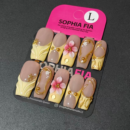 Long Square Press On Nails Nude Pink Base Cream Yellow French Tip, 3D Gradient Pink‑White Flower, Gold Starfish Metal Charms Pearl Beads Gold Curved Line Leaf Relief Elegant Handmade False Nails