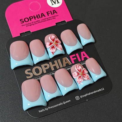 Short Square Press On Nails Nude Pink Base Baby Blue Wavy French Tip, 3D Hand‑Painted Pink Flower with Red Spots Petals Gold Bead Stamen Fresh Summer Sweet Handmade False Nails