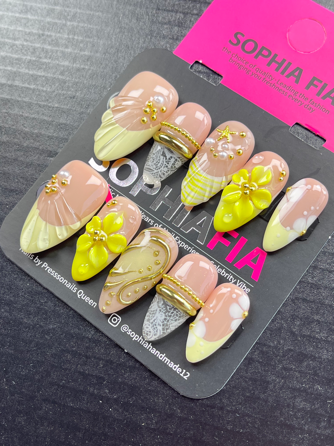 Cottagecore Pastel Yellow Almond Press On Nails Milky Nude Base Wave French Trim Lace Pattern Hand Carved Floral Gold Wire Pearl Details Reusable Acrylic Nail Tips