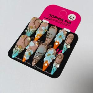 Bohemian Summer Stiletto Press On Nails Nude Base Teal Orange Ombre Tip, 3D Sky Blue Flower Gold Swirl Lines Pearl Rhinestone Reusable Acrylic Nail Set