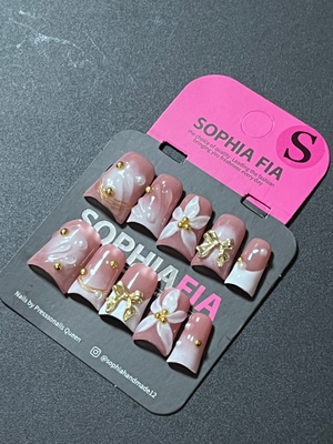 Medium Square Press On Nails Pink Gradient Milky White Swirl Texture, 3D White Flower, Metal Gold Bow Pearl Gold Bead Accent Elegant Korean Gentle Handmade False Nails