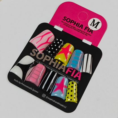 press on nails, handmade press on nails, y2k nails, punk nails, mixed pattern nails, neon star nails, lightning nails, polka dot nails, striped nails, medium square nails, reusable false nails, nail art, fake nails