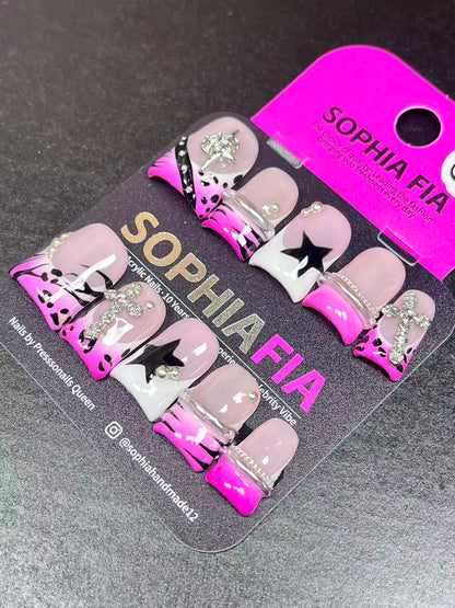 Handmade Press On Nails, Medium Square, Hot Pink French Y2K Nails, Rhinestone Cross & Silver Star Charms Fake Nails, Reusable Nail Set
