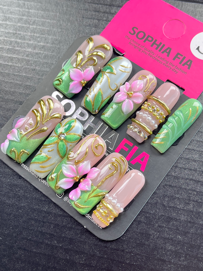 Oriental Green Garden Press On Nails Long Square Shape Ombre Nude & Shimmer Green Base Golden Vein Drawing 3D Flowers Leaf Crystal Pearl Metal Decor Reusable Acrylic Nails