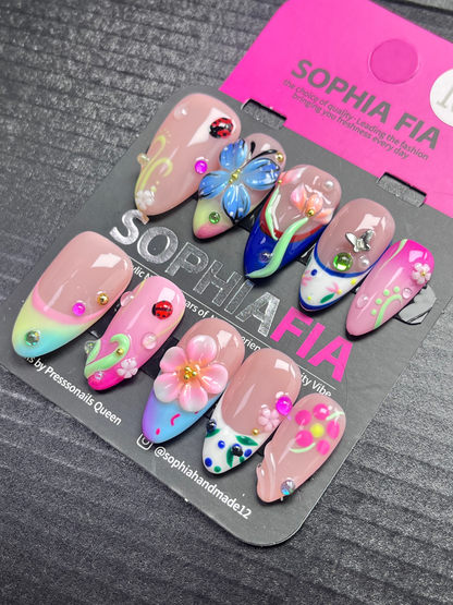Dopamine Fairy Garden Almond Press On Nails Milky Nude Pink Background 3D Blue Butterfly Pink Tulip Pink Floral Red Ladybug Silver Butterfly Rainbow Gradient French Green Vine Colorful Gem Water Drop Reusable Acrylic Nail Tips