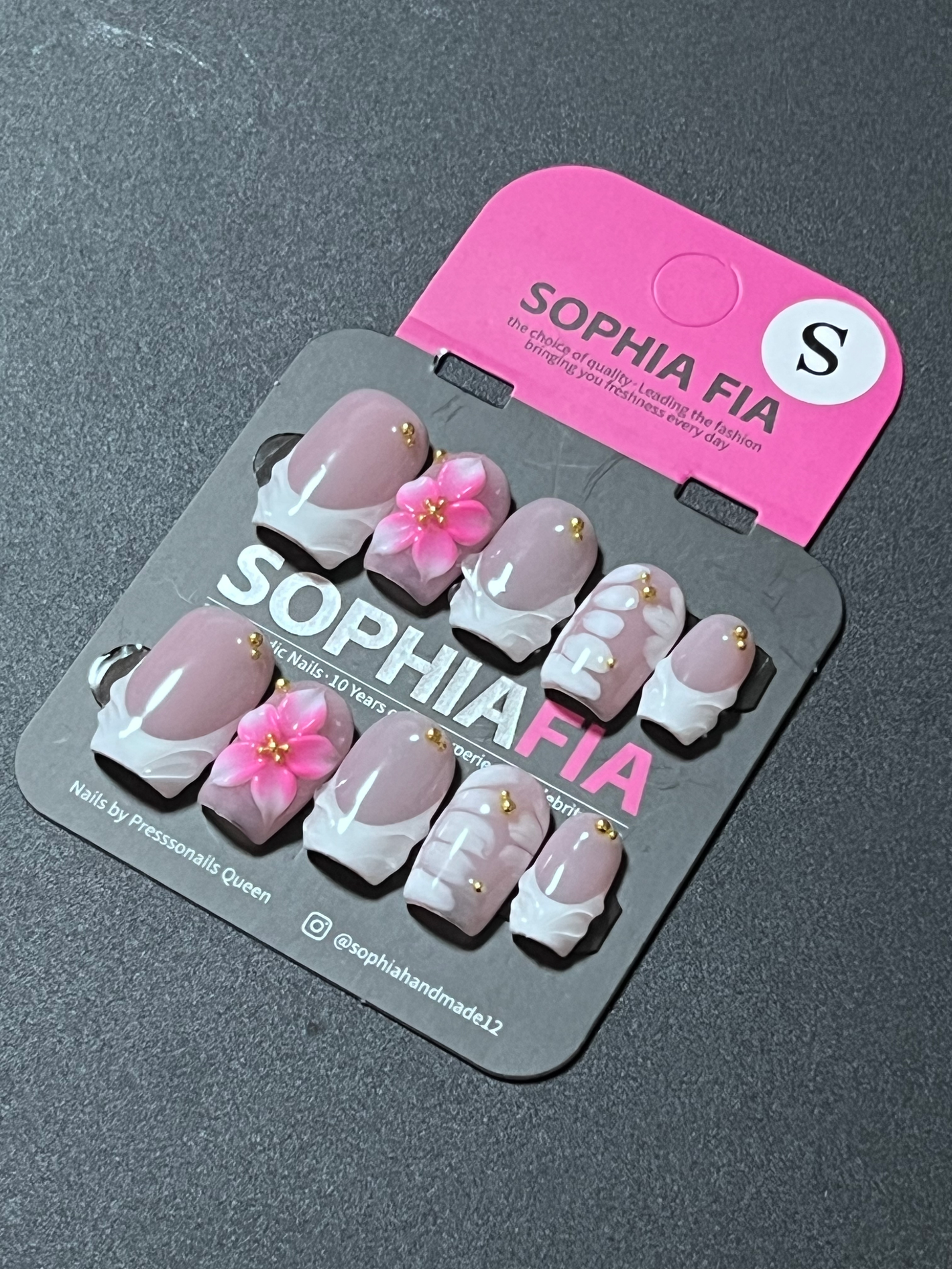 Press On Nails Short Square Korean Soft Girl Style - Sheer Dusty Pink Base White Cloud Wave French Tip, 3D Pink Flower & Tiny Gold Bead Accent Acrylic Nail Tips