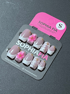 Press On Nails Short Square Korean Soft Girl Style - Sheer Dusty Pink Base White Cloud Wave French Tip, 3D Pink Flower & Tiny Gold Bead Accent Acrylic Nail Tips