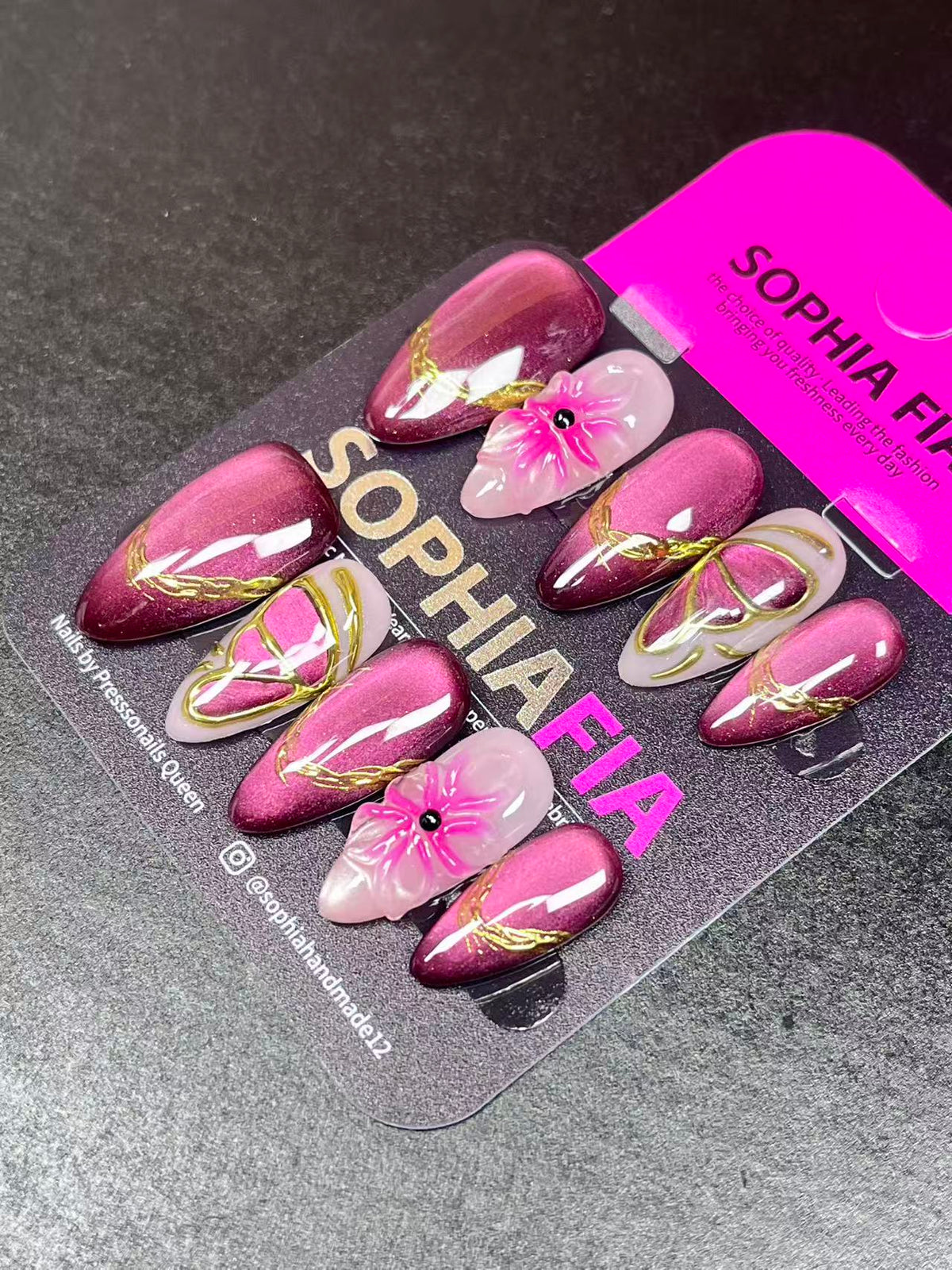 Handmade Press On Nails, Medium Almond, Magenta Cat Eye 3D Flower Nails, Gold Line Hand Painted Fake Nails, Romantic Reusable Nail Set