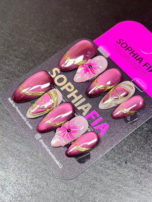 Handmade Press On Nails, Medium Almond, Magenta Cat Eye 3D Flower Nails, Gold Line Hand Painted Fake Nails, Romantic Reusable Nail Set