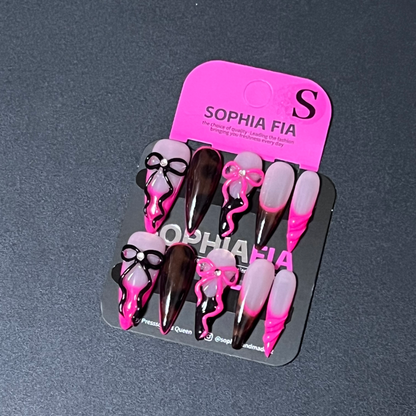 Stiletto Press On Nails Nude Base Hot Pink Black Contrast French Tip, 3D Sculpted Bow Charms with Rhinestone Center, Tortoiseshell Amber Gradient Solid Nails Y2K Sweet‑Cool Handmade False Nails