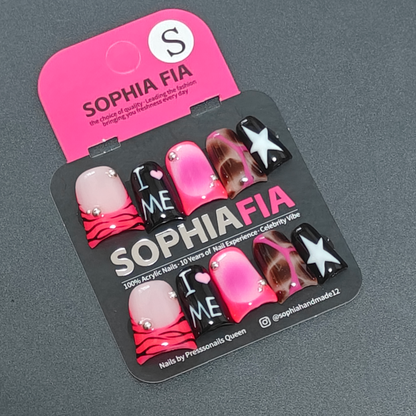 Y2K Sweet‑Cool Short Square Press On Nails Multi‑Style Mix Hot Pink Zebra French Black "I Love ME" Letter Hot Pink Ombre Tortoiseshell Pink Line Black White Star Silver Studs Reusable Acrylic Nail Tips