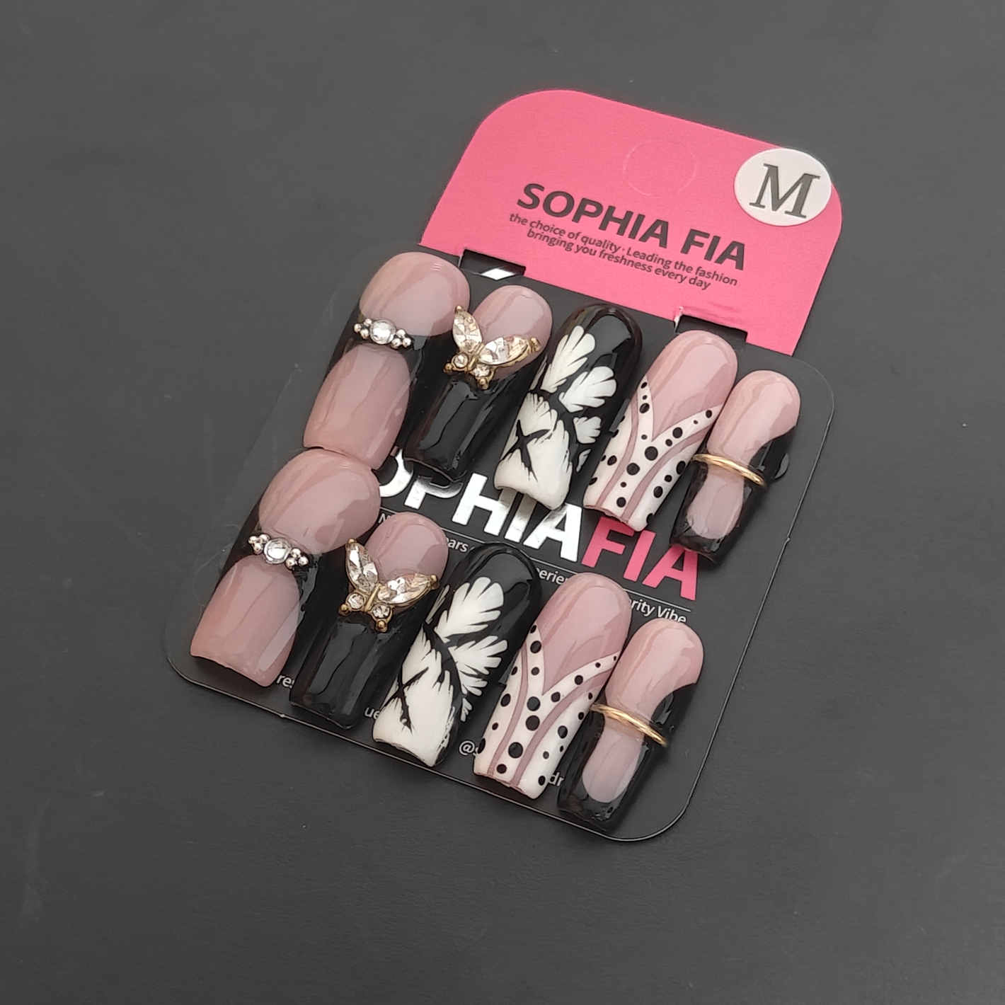 Vintage Gothic Black White Press On Nails Long Square Shape Ink Wash Butterfly Art Polka Dot V Design Rhinestone Butterfly Jewelry Accents Reusable Acrylic Nail Tips
